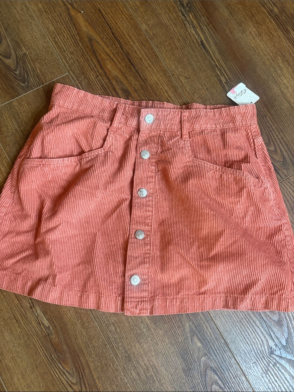Free People Corduroy Button-Front Mini Skirt in Coral